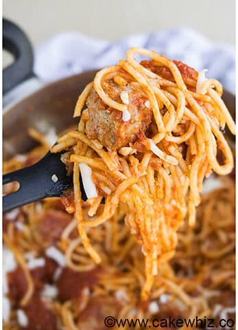 Spoonful of Easy Spaghetti and Meatballs- Closeup Shot.