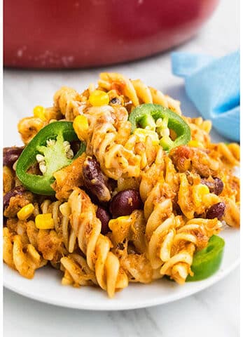 Easy Mexican Taco Pasta on White Dish.