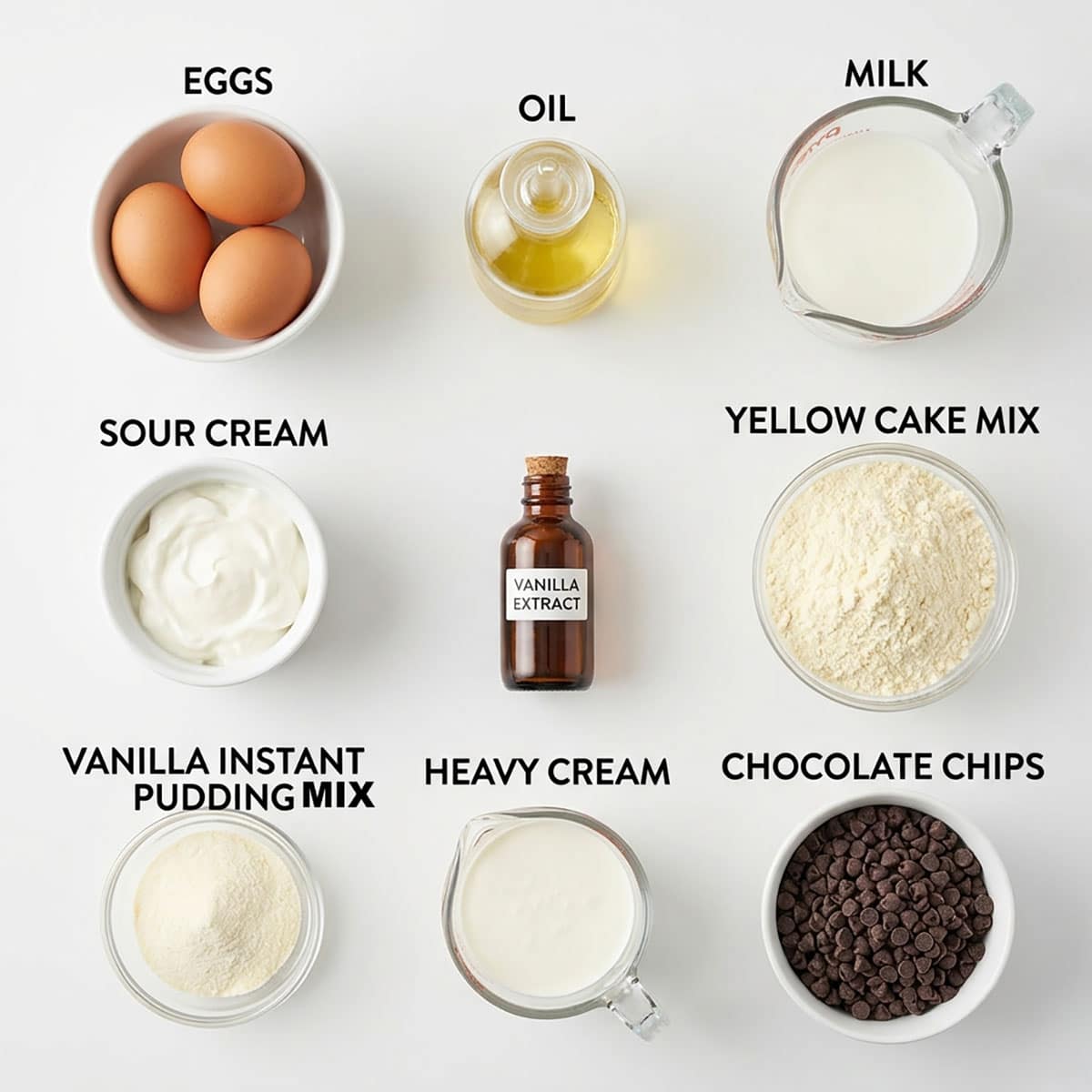 Ingredients for recipe on white background- eggs, oil, yellow cake mix, milk, sour cream, vanilla extract, pudding mix, heavy cream, chocolate chips. 