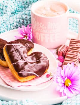 Easy Breakfast in Bed Ideas- Heart Donuts, Pink Strawberry Milk on White Dish