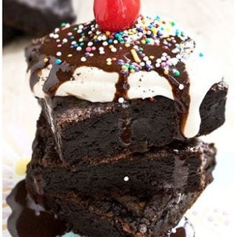 Stack of Fudgy Vegan Eggless Brownies on a Colorful Background