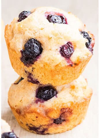 Stack of Easy Lemon Blueberry Muffins on Light Brown Background.