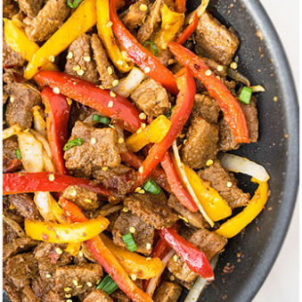 Easy Spicy Beef Stir Fry in Nonstick Pan.