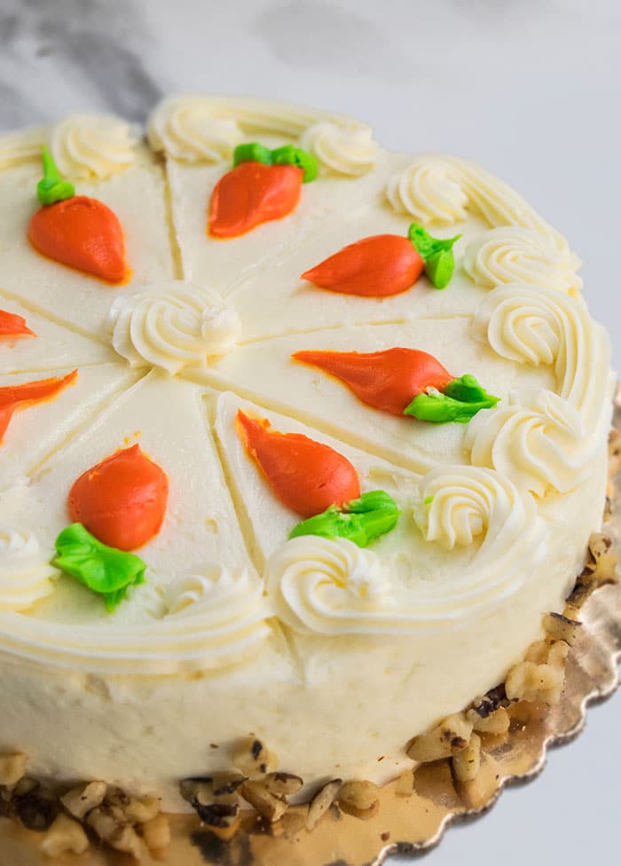 Easy Carrot Cake With Cream Cheese Frosting on Gold Cake Board