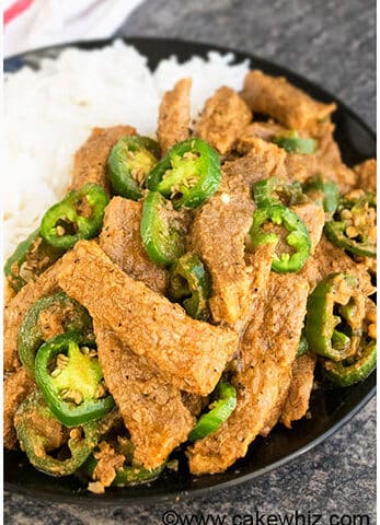 Easy Chinese Jalapeno Beef on Black Dish.