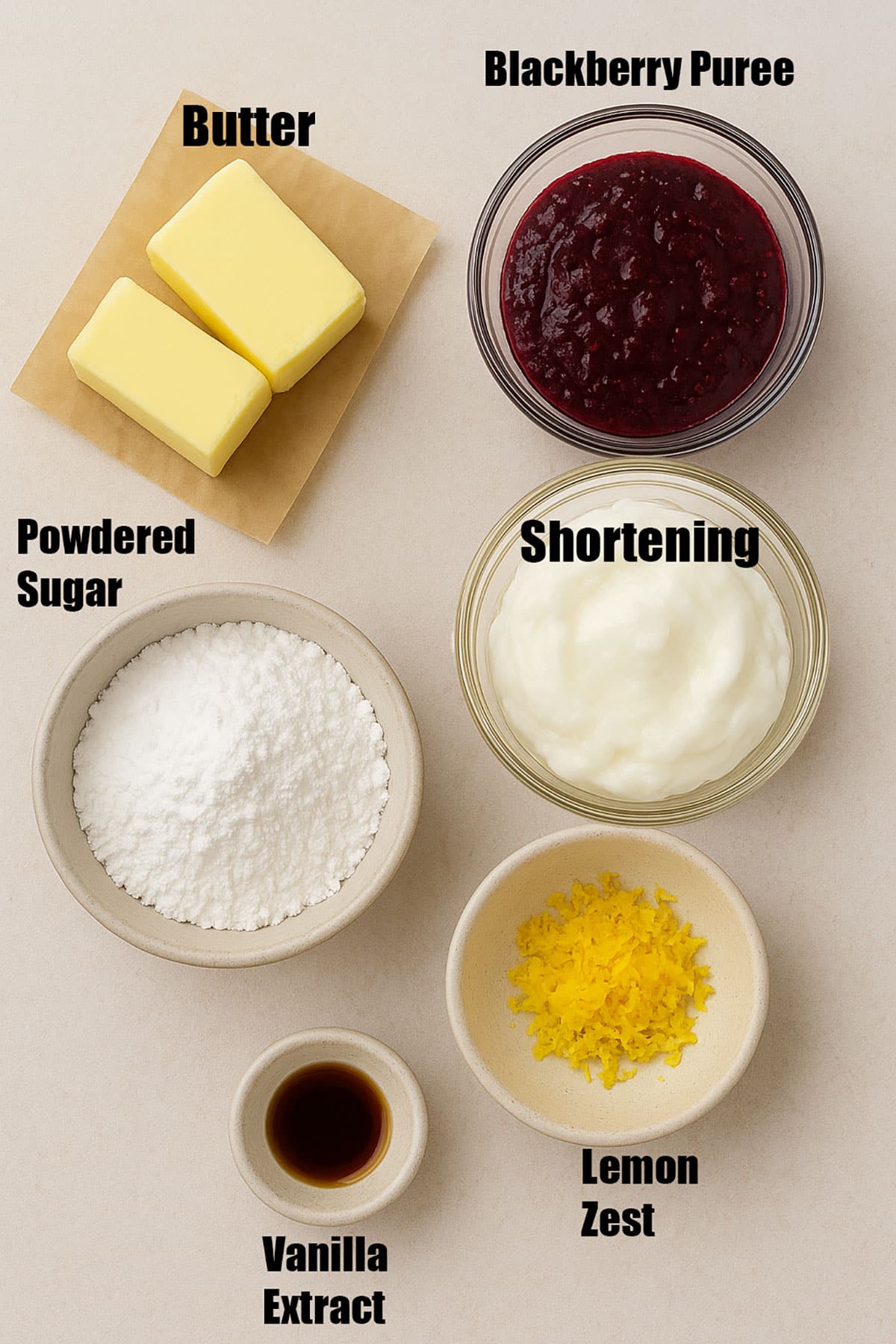Image with ingredients in separate containers on beige background.