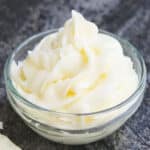 Easy Ermine Frosting (Cooked Flour Buttercream) in Glass Bowl.