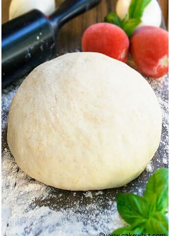 Best Easy Homemade Pizza Dough on Countertop With Flour, Tomatoes and Rolling Pin.