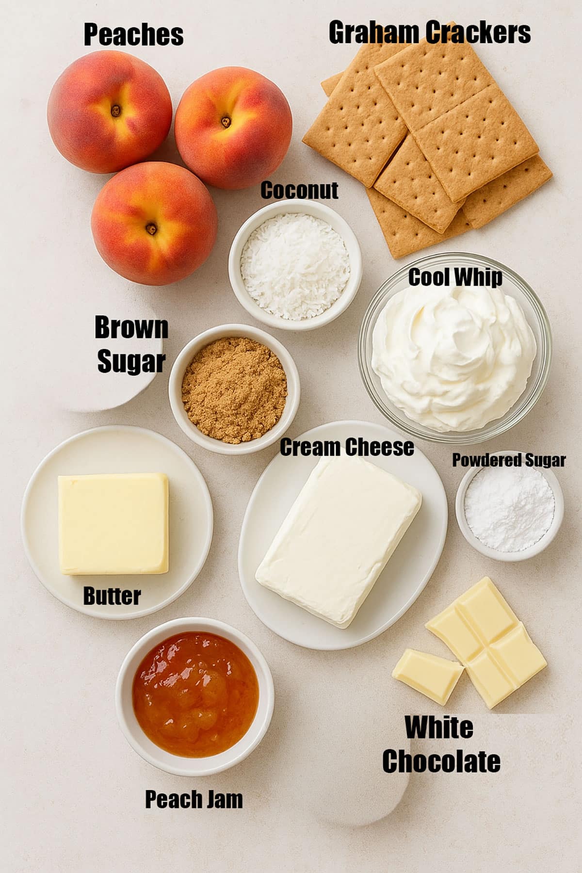 Ingredients for recipe on neutral off white background. 