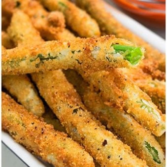 Crispy Fried Green Beans in Small White Dish.
