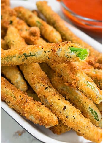 Crispy Fried Green Beans in Small White Dish.