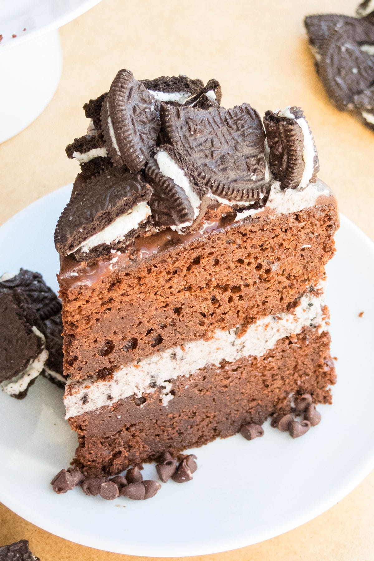 Slice of cake on white dish. 