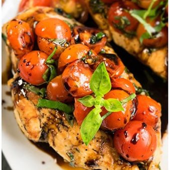 Easy Bruschetta Chicken on White Dish.