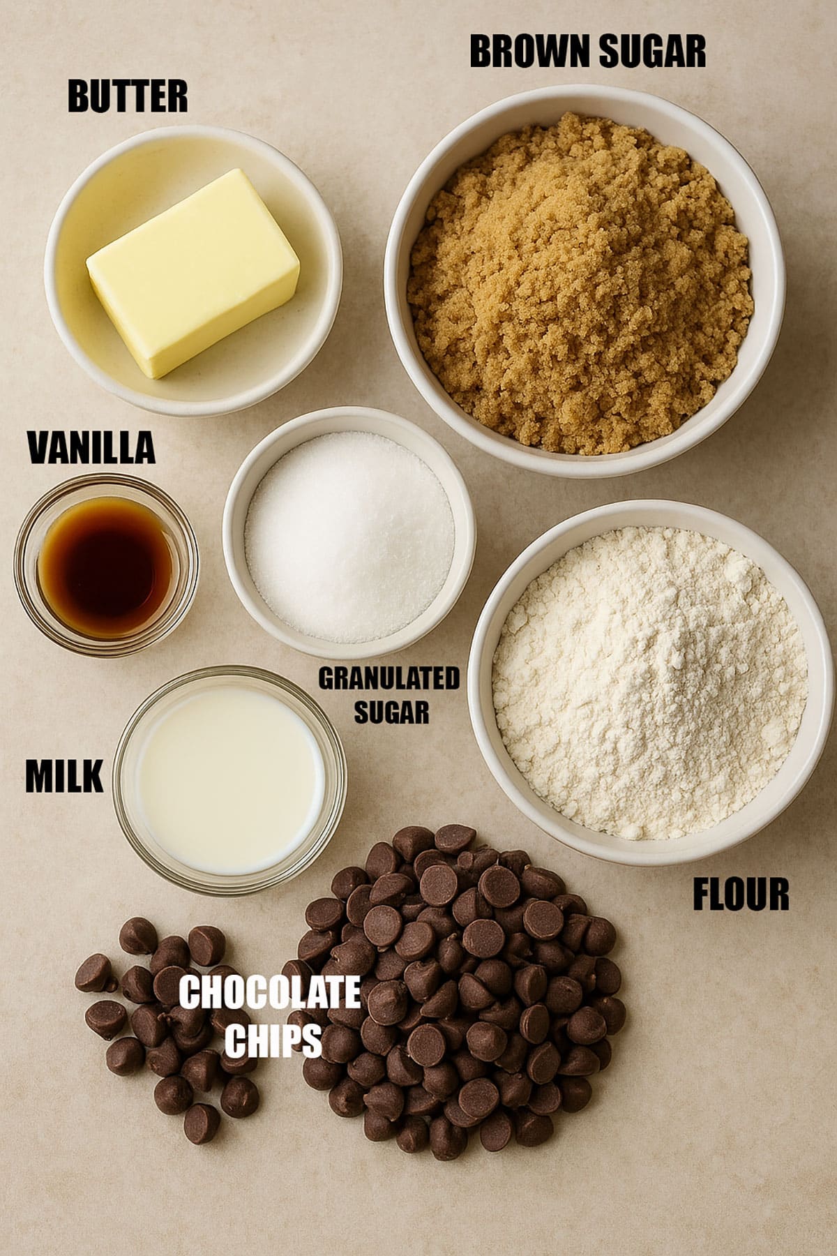 Ingredients for candy recipe on neutral beige background.