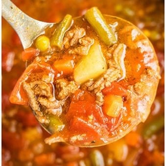 Spoonful of Easy Hamburger Soup- Closeup Shot.