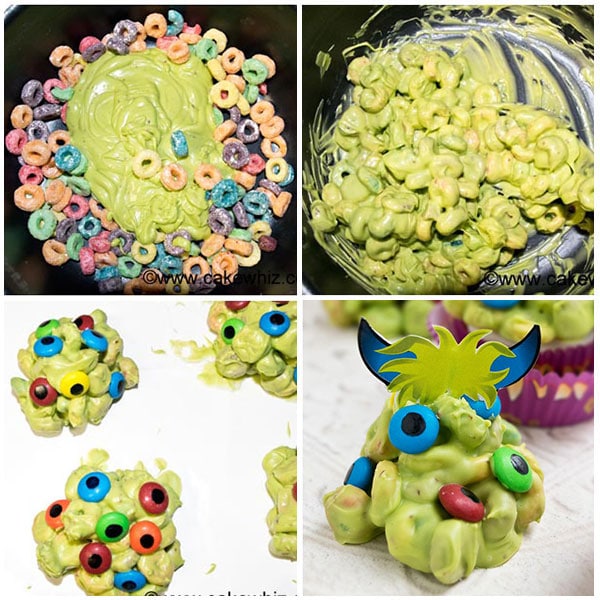 Collage Image With Step by Step Pictures on How To Make Halloween Monster Cupcakes