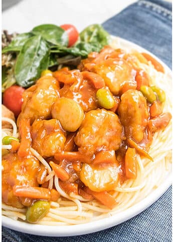 White Dish With Quick and Easy Dinner (Salad, Pasta and Chicken).