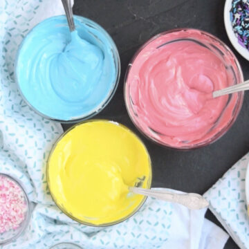 Glass bowls of colorful icing. 