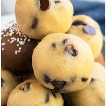 Stack of Easy Eggless Chocolate Chip Cookie Dough Truffles.