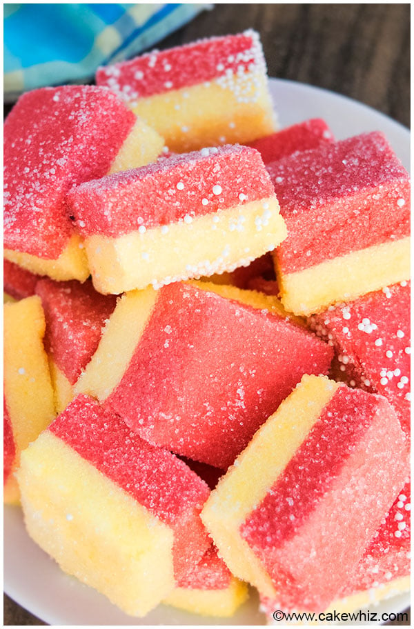 Easy Pink and Yellow Jello Marshmallow Candy on White Dish. 