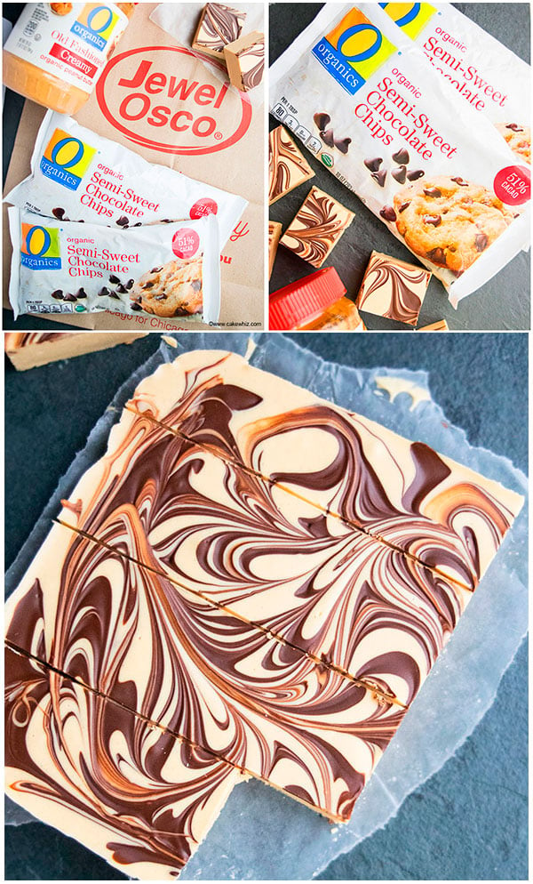 Collage Image of Swirled Fudge and Bags of O Organics Chocolate Chips.