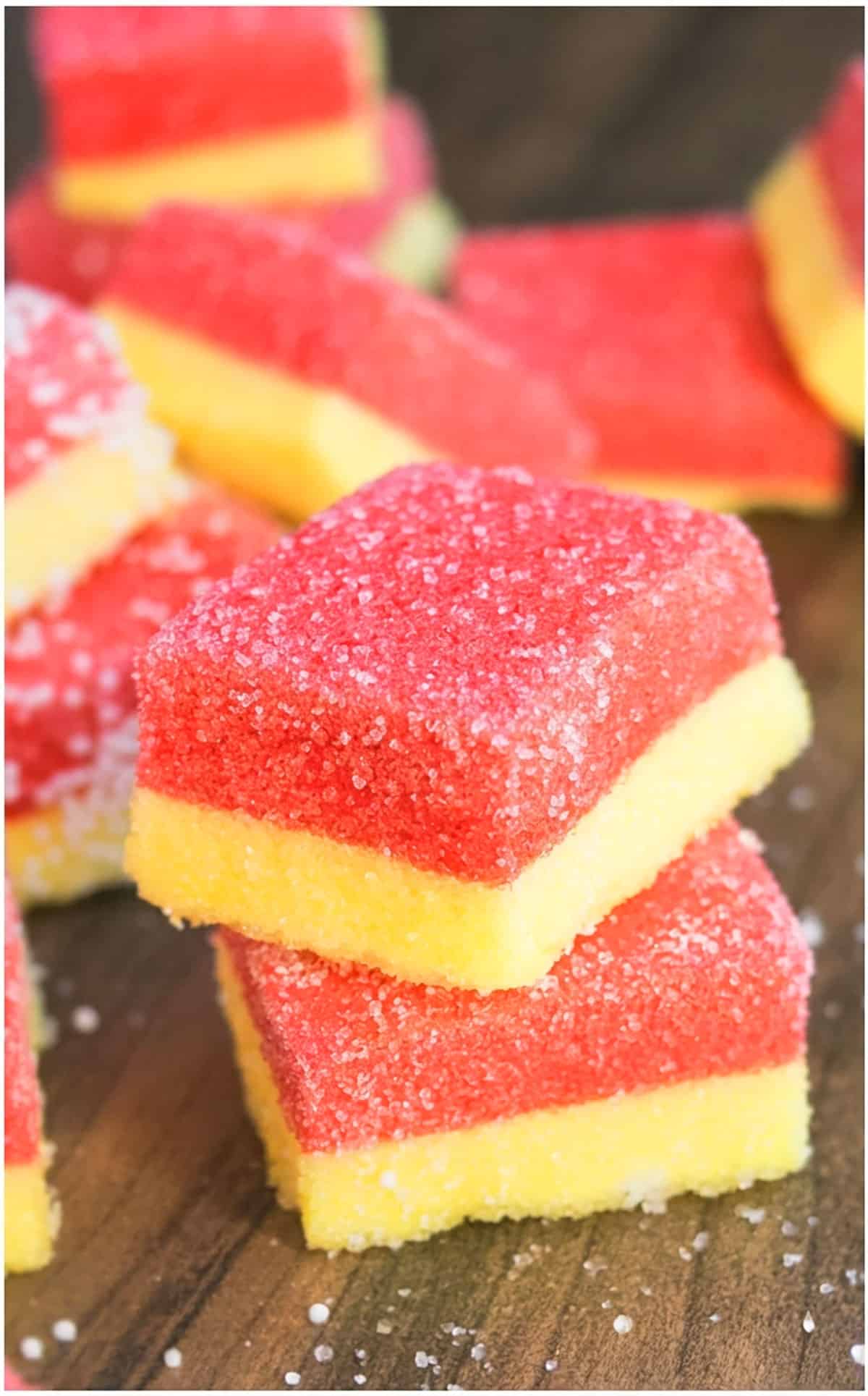 Stack of Jello Marshmallow Candy on Wood Background.  