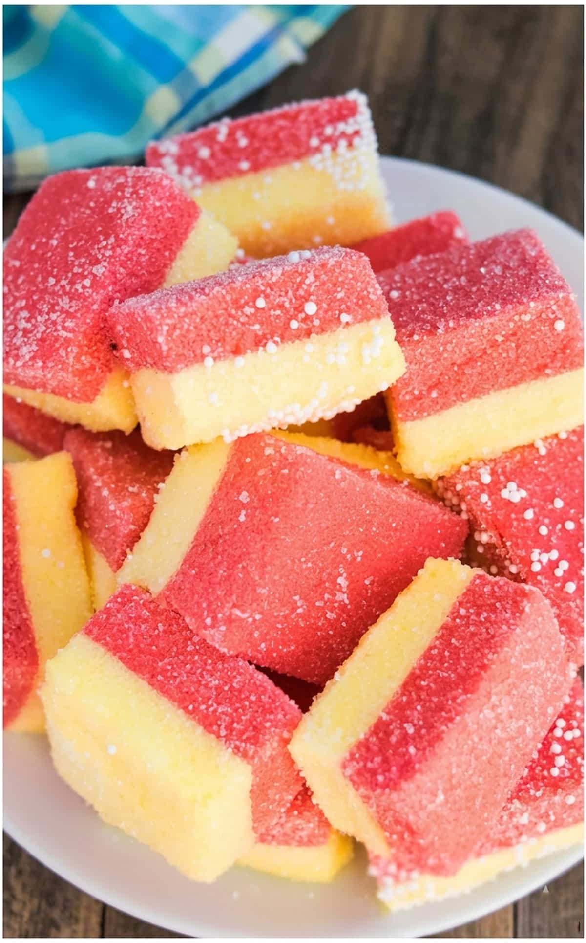 Easy No Bake Pink and Yellow Candy on White Dish. 