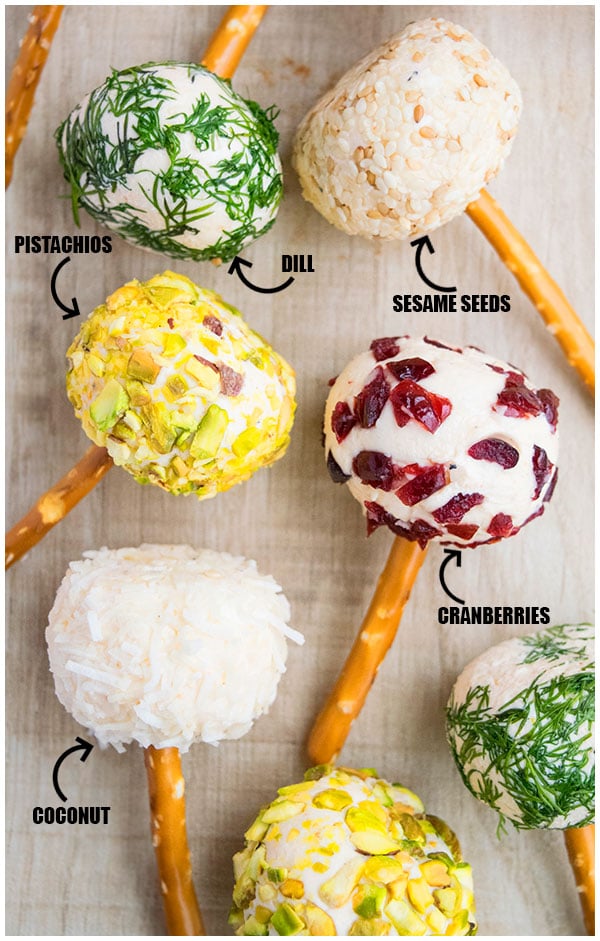 Easy Mini Cheese Balls With Many Topping Options Labeled. 