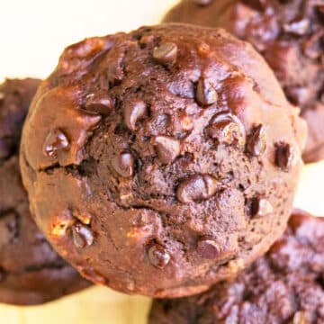 Overhead Shot of Stack of Double Chocolate Muffins With Chocolate Chips and Bananas.