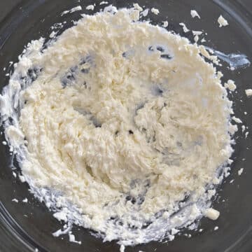 Creamed butter and shortening in class bowl. 