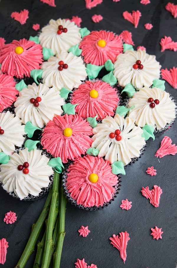 Homemade Cupcake Flower Bouquet on Black Background- Closeup Shot on an Angle 