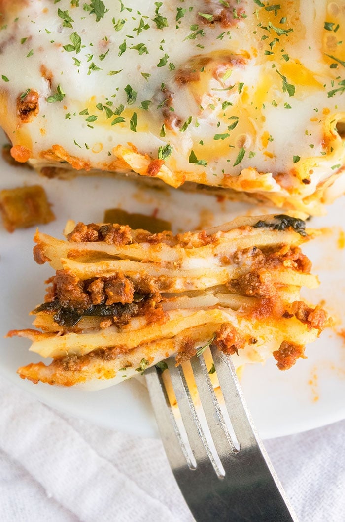 Fork Full of Lasagna on White Dish. 