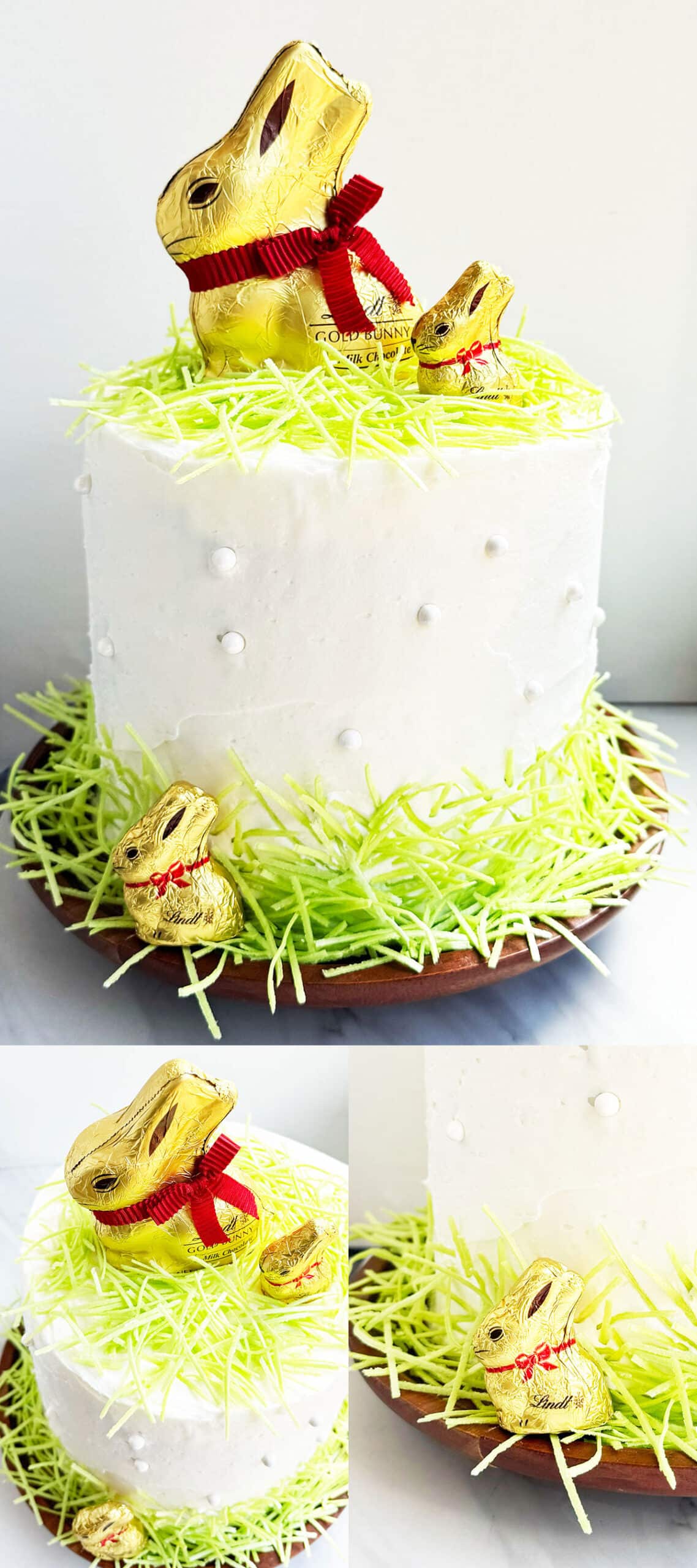 Decorated Easter Cake With Lindt Chocolate Toppers and Grass Candy. 