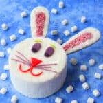 Easy Classic Easter Bunny Cake With White Cream Cheese Frosting, Candies and Coconut on Blue Background With Marshmallows.