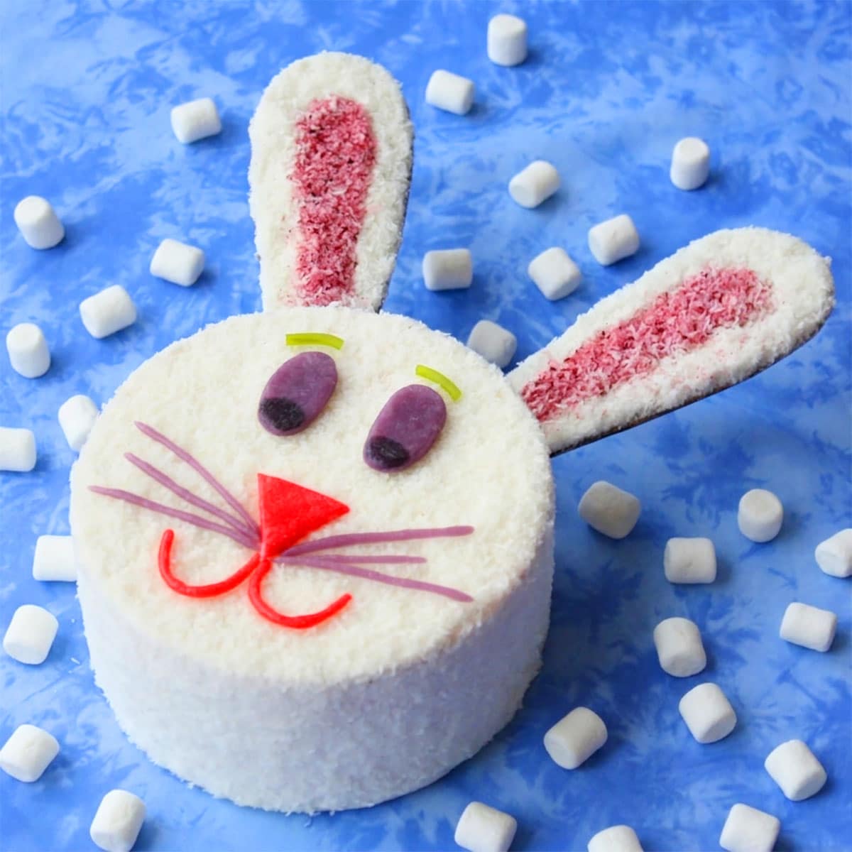 Easy Classic Easter Bunny Cake With White Cream Cheese Frosting, Candies and Coconut on Blue Background With Marshmallows.