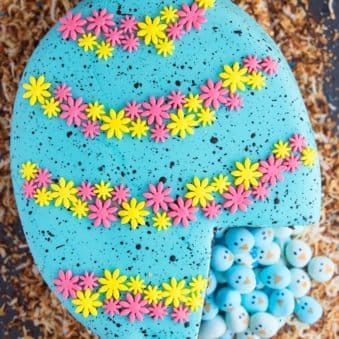 Easy Pinata Cake (Easter Robin Egg Cake) on a Board Covered in Toasted Coconut.