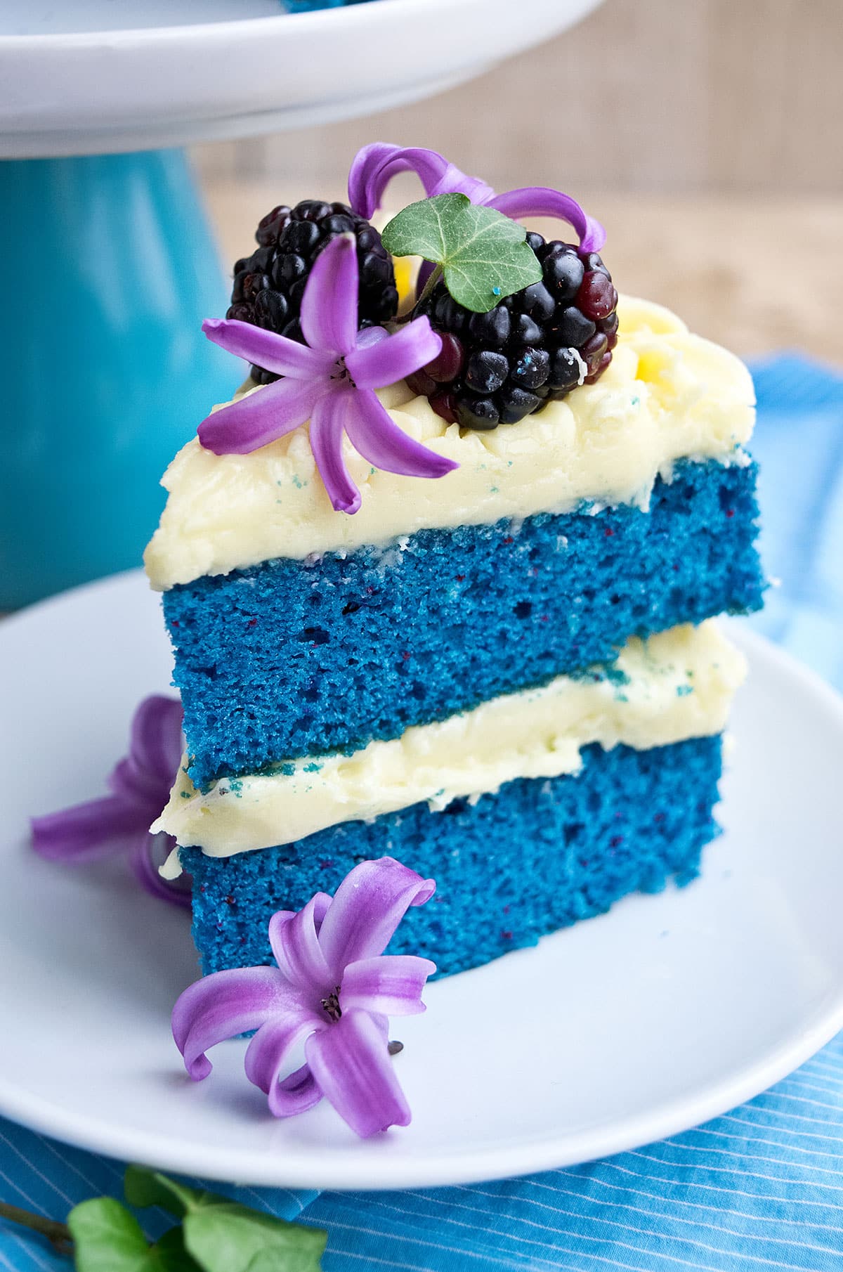 Slice of frosted cake on white dish.