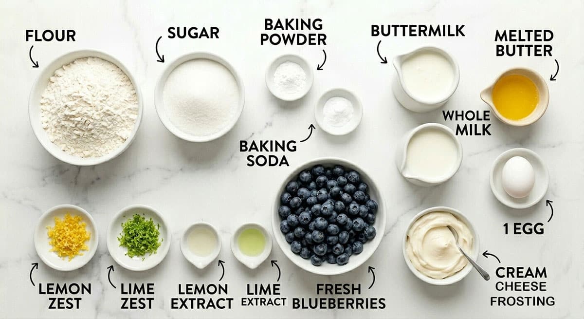 Ingredients for recipe on white marble background- flour, sugar, leavening agents, various milk, egg, blueberries, frosting, zests, extracts.