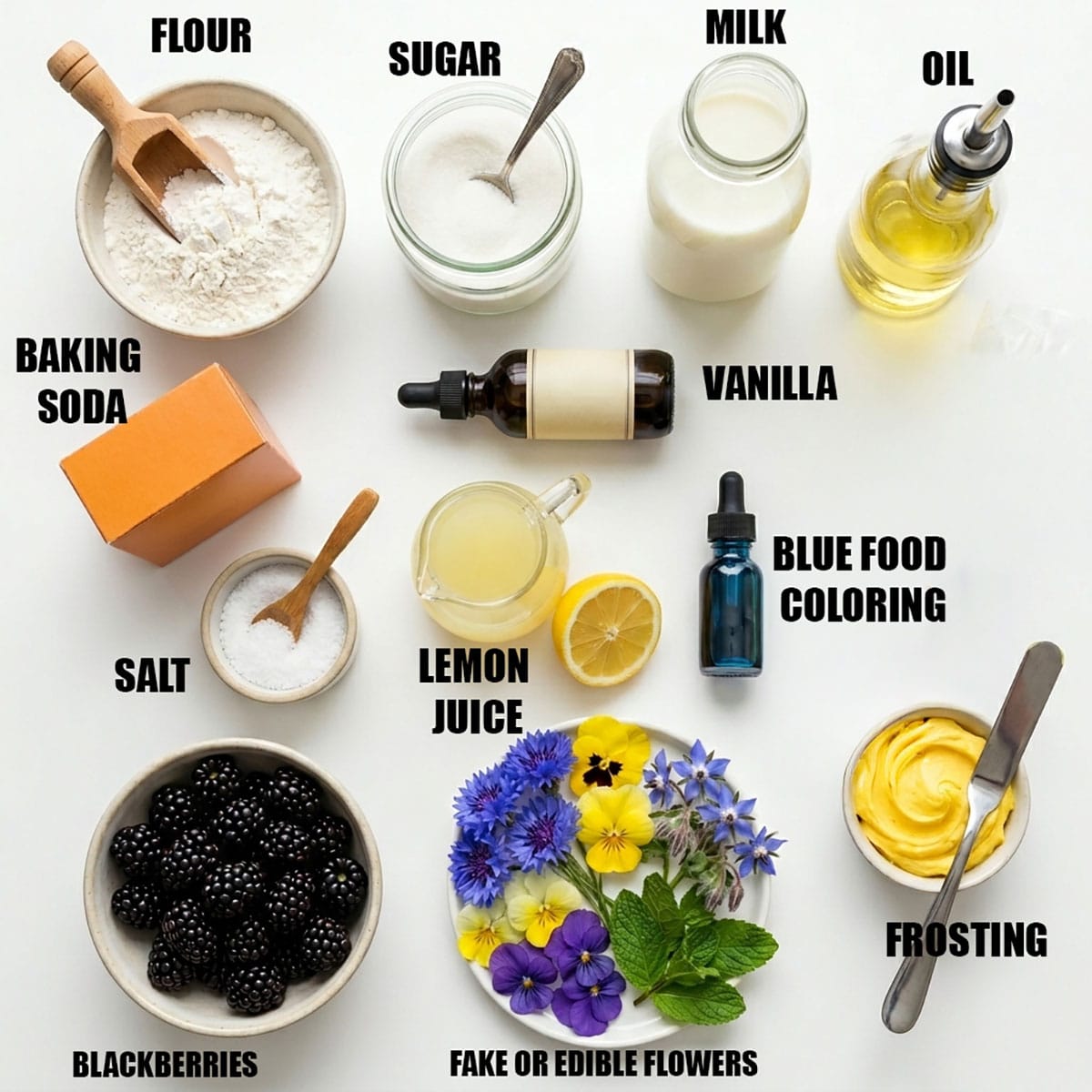 Ingredients for recipe on white background- flour, sugar, milk, oil, baking soda, vanilla, food coloring, lemon juice, salt, flowers, blackberries, frosting.
