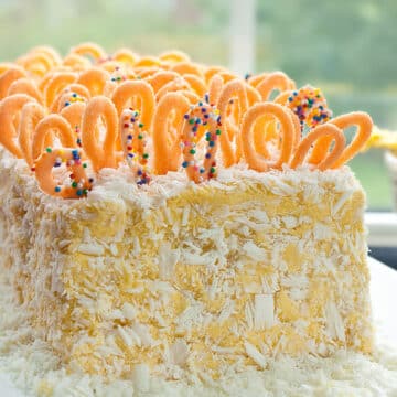 Final frosted cake decorated with chocolate loops and white chocolate shavings. 