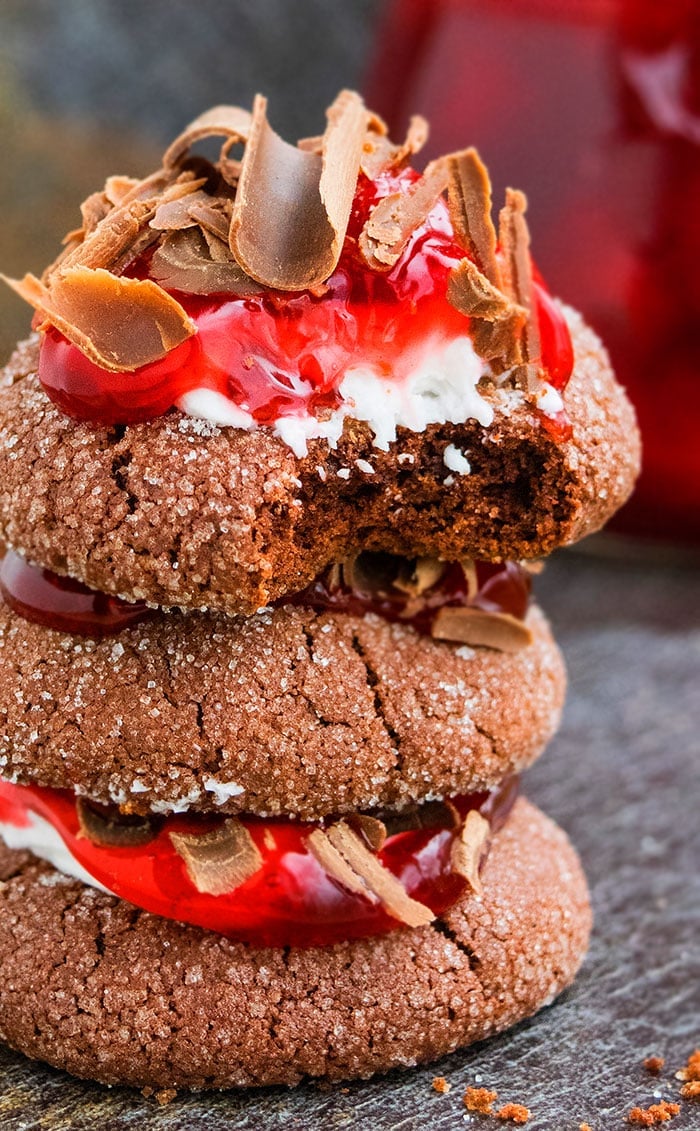 Stack of Easy Chocolate Cherry Cookies With Cake Mix on Rustic Gray Background.