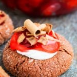 Easy Black Forest Chocolate Cherry Cookies With Cake Mix Thumbprint Style on Rustic Gray Background.