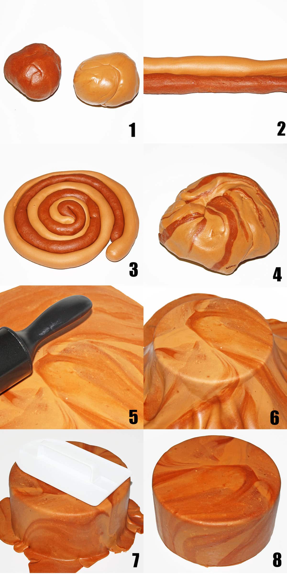 Collage image with step by step process shots on how to make marbled fondant. 