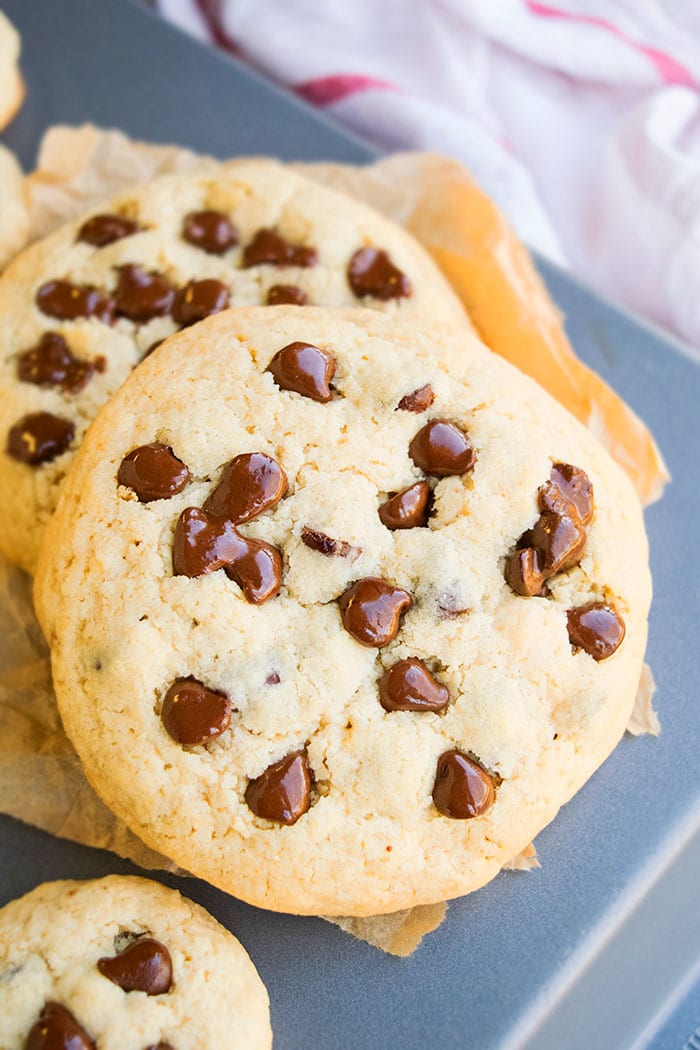 Easy Soft Chewy Jumbo Chocolate Chip Cookies on Baking Tray. 