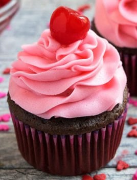 Easy Cherry Frosting (Cherry Buttercream) Piped on Top of Cupcake