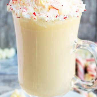 Easy Homemade White Chocolate Mocha With Whipped Cream and Peppermint on White Dish With Rustic Gray Background.