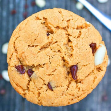 Best Easy Soft and Chewy Peanut Butter Chocolate Chip Cookies From Scratch on Rustic Gray Background- Closeup Shot.