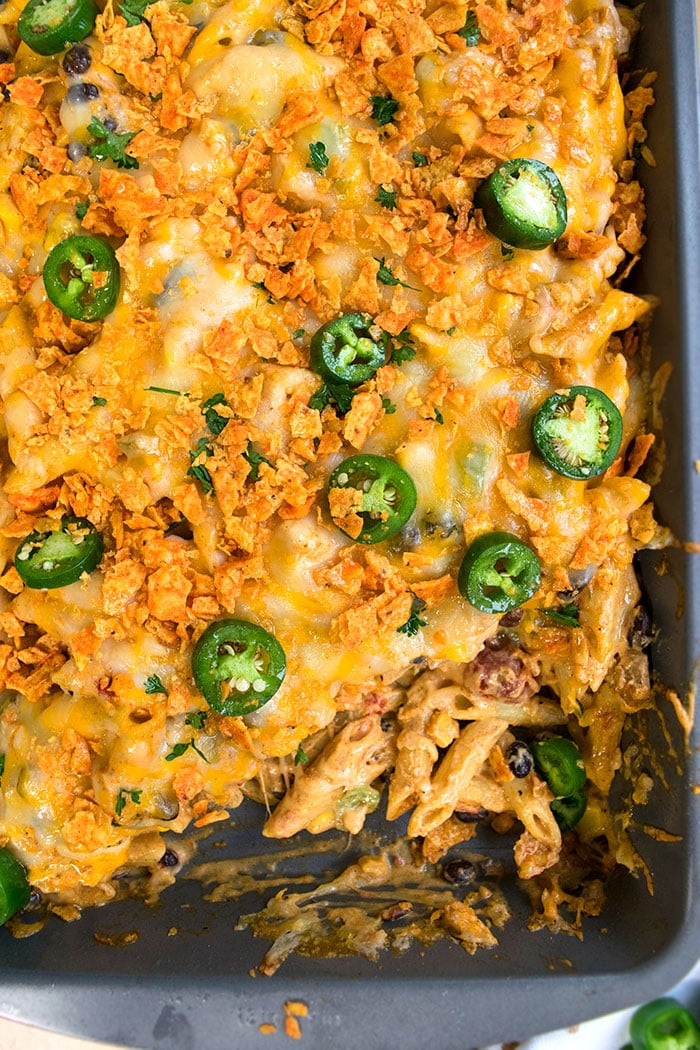 Chicken Pasta Bake in Baking Tray- Overhead Shot. 