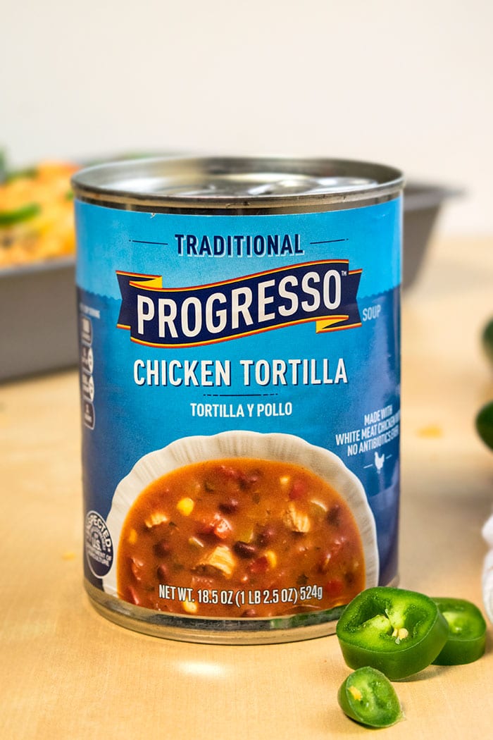 Can of Progresso Chicken Tortilla Soup on Wood Background. 