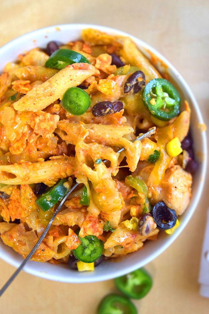 Bowl of Spicy Mexican Chicken Pasta. 